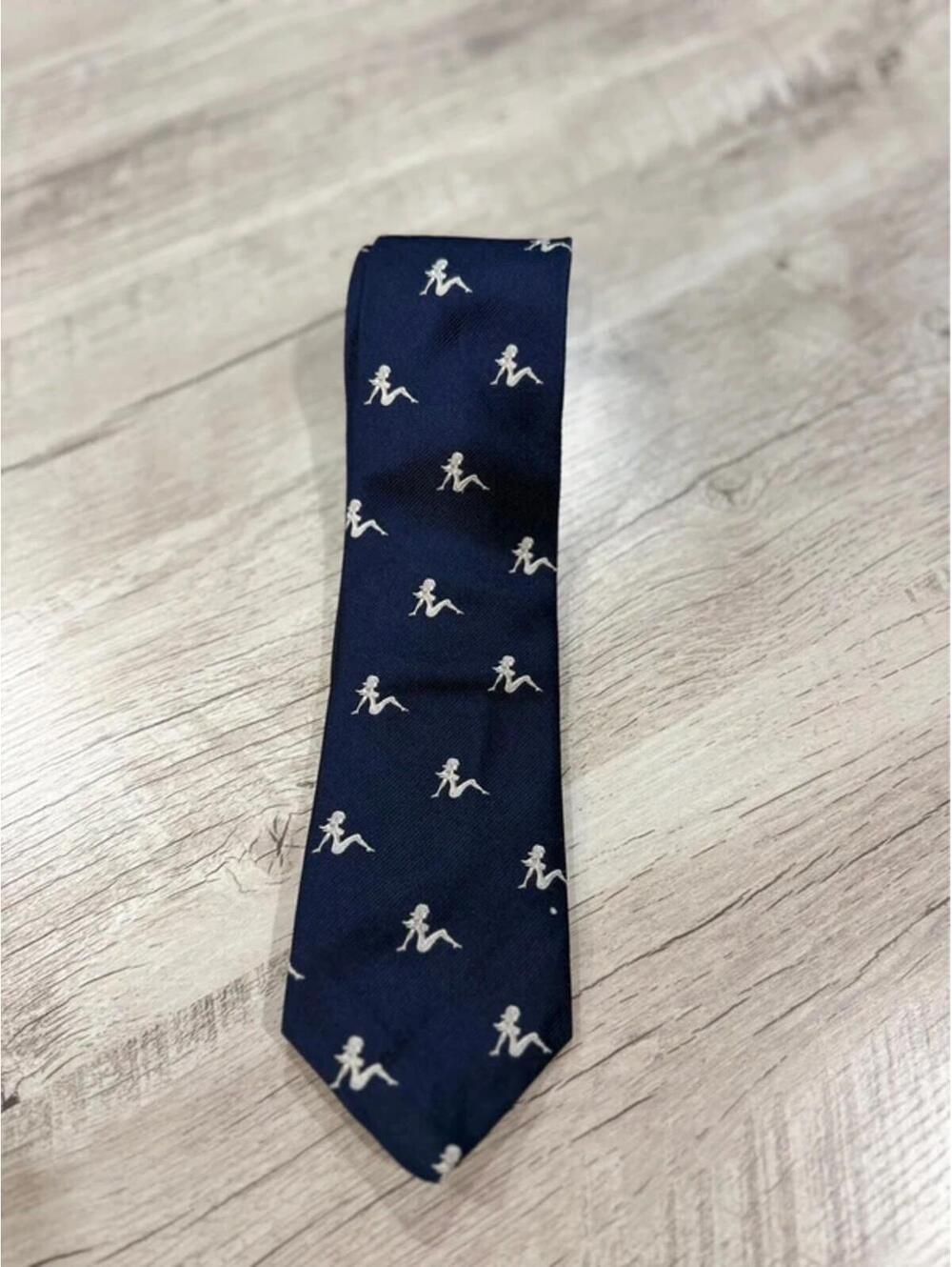 Novelty Pinup Girl Print Silk Skinny Tie Y2K Retro Playboy Style Navy
